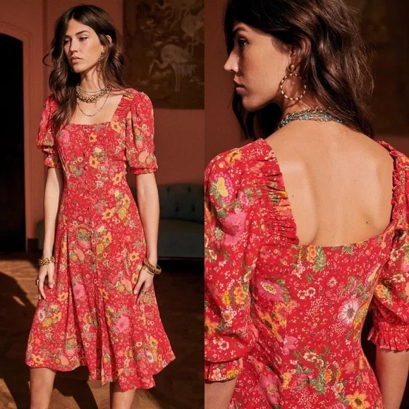 Sezane Winona Red Floral Print Smocked Belted Midi Dress